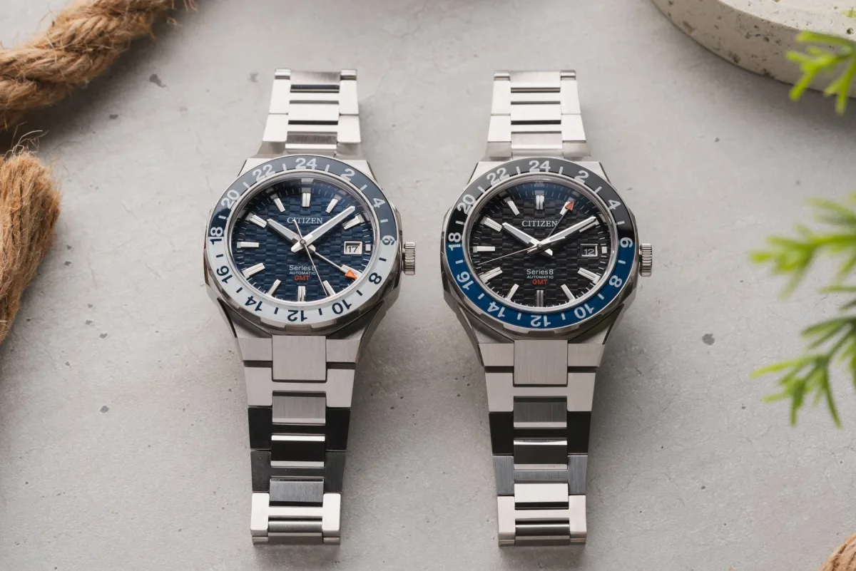 Close-up of Citizen Series 8 880 GMT case showing matte and polished finishes