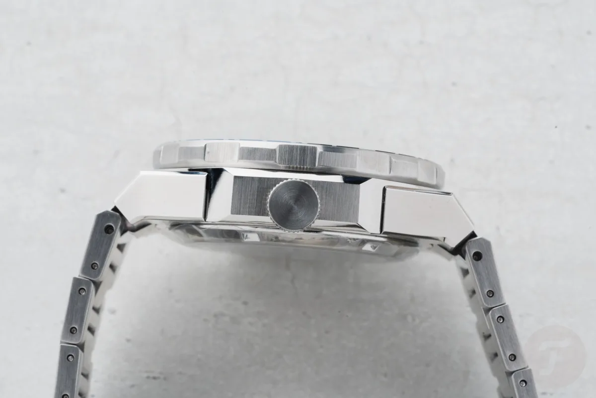Side view of Citizen Series 8 880 GMT with angular design reminiscent of Nautilus