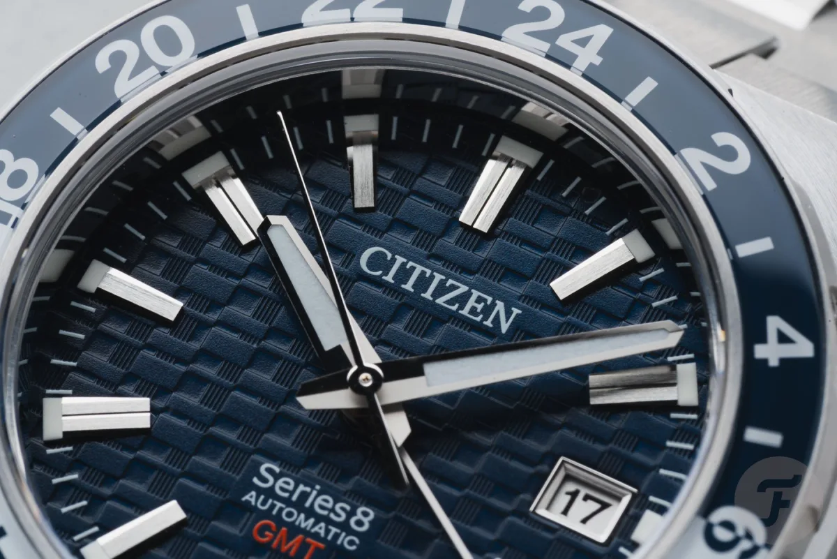 Dial of Citizen Series 8 880 GMT with Tokyo skyline-inspired pattern