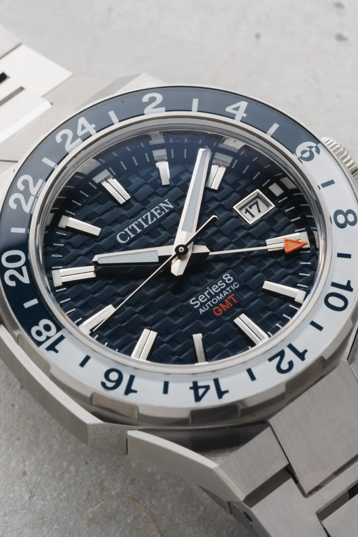 Close-up of large markers on Citizen Series 8 880 GMT dial