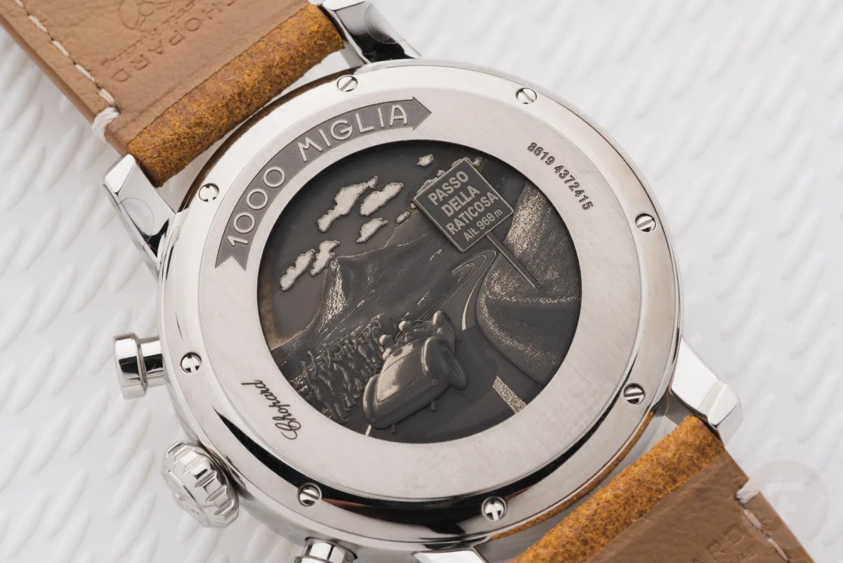 Close-up of the Lucent steel case and strap of the Chopard Mille Miglia Classic Raticosa