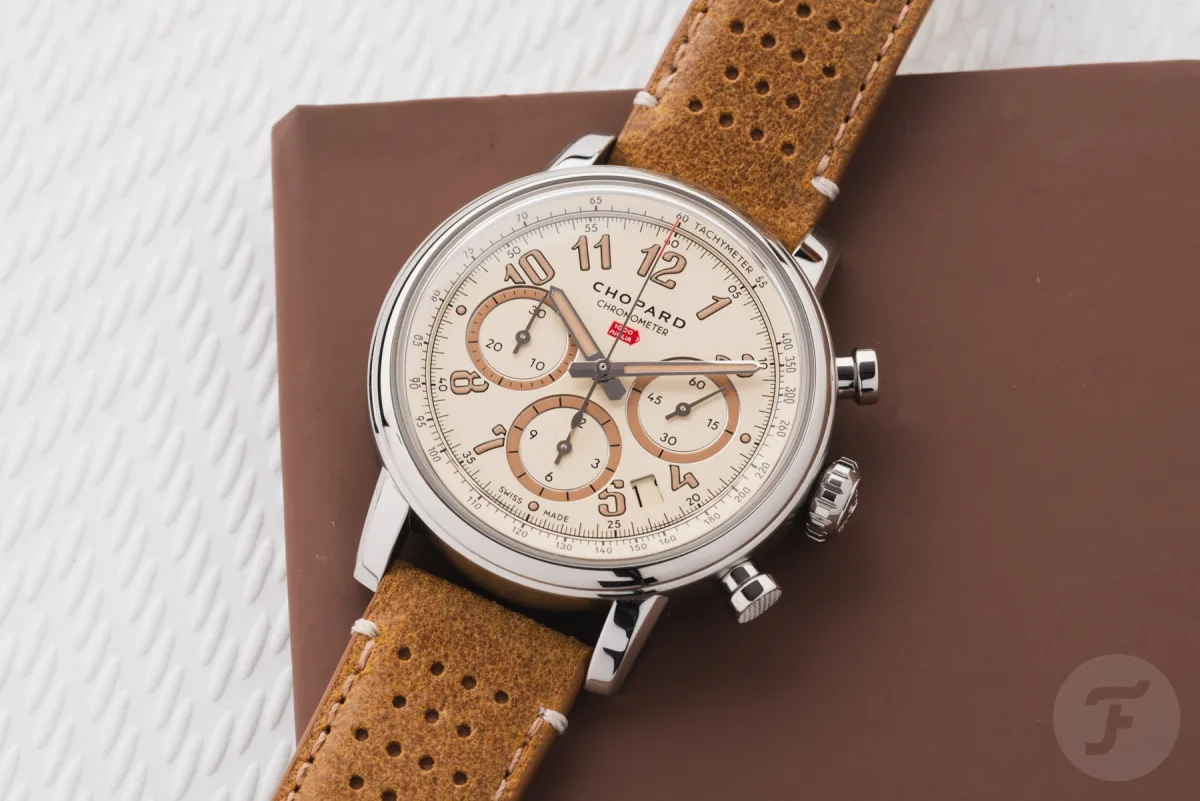 Back view of Chopard Mille Miglia Classic Raticosa showing engraved racing car