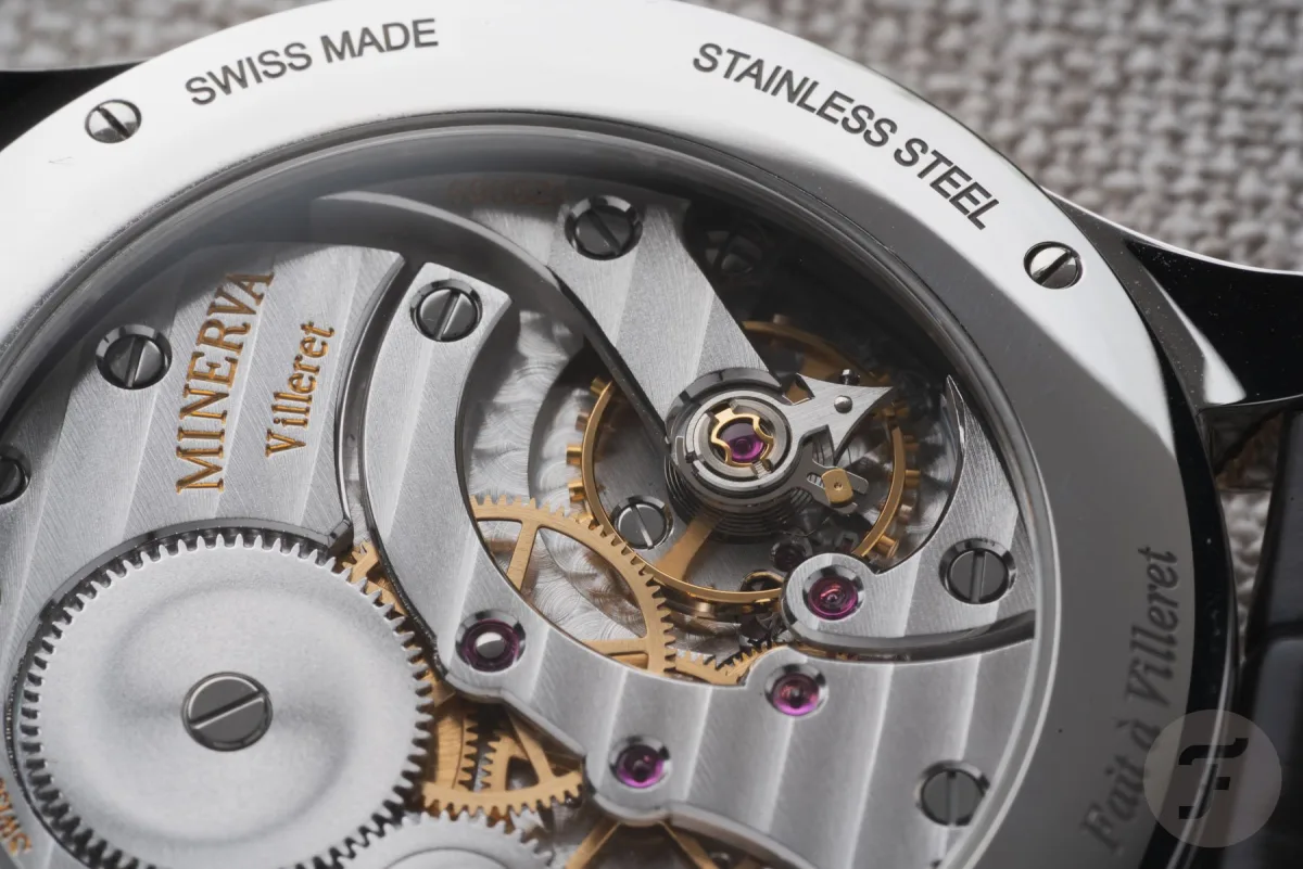 Close-up of Minerva watch with large Arabic numeral 12