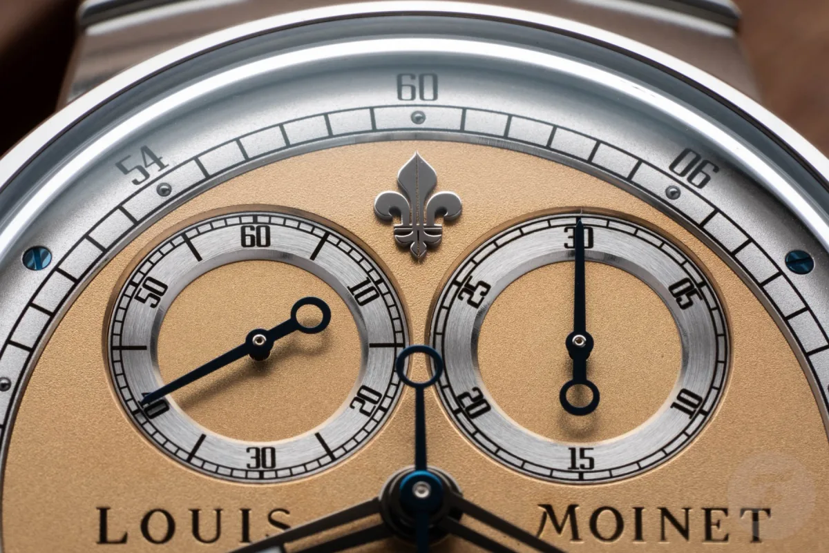 Back view of Louis Moinet 1816 Chronograph Champagne showing movement