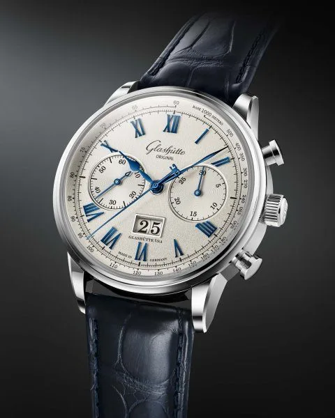 Close-up of the crown designs on Glashütte Original Senator Chronograph