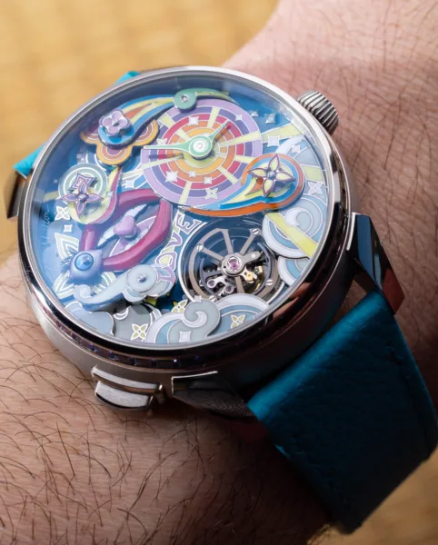 Close-up of the Louis Vuitton Tambour Taiko Arty Automata showing intricate dial details