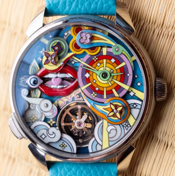 Side view of the Louis Vuitton Tambour Taiko Arty Automata with gold case and jewels