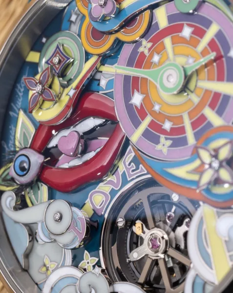 Unique animated dial elements of the Louis Vuitton Tambour Taiko Arty Automata