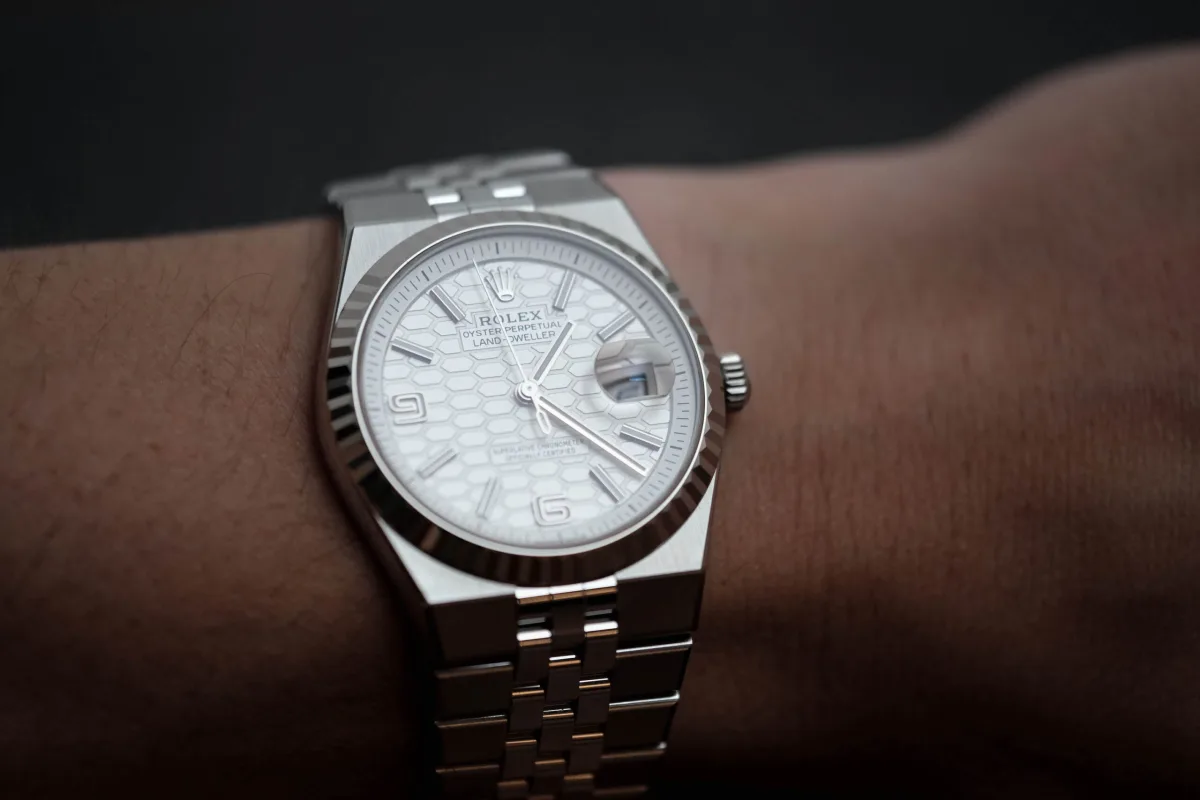 Rolex Land-Dweller 36mm watch face and bracelet close-up