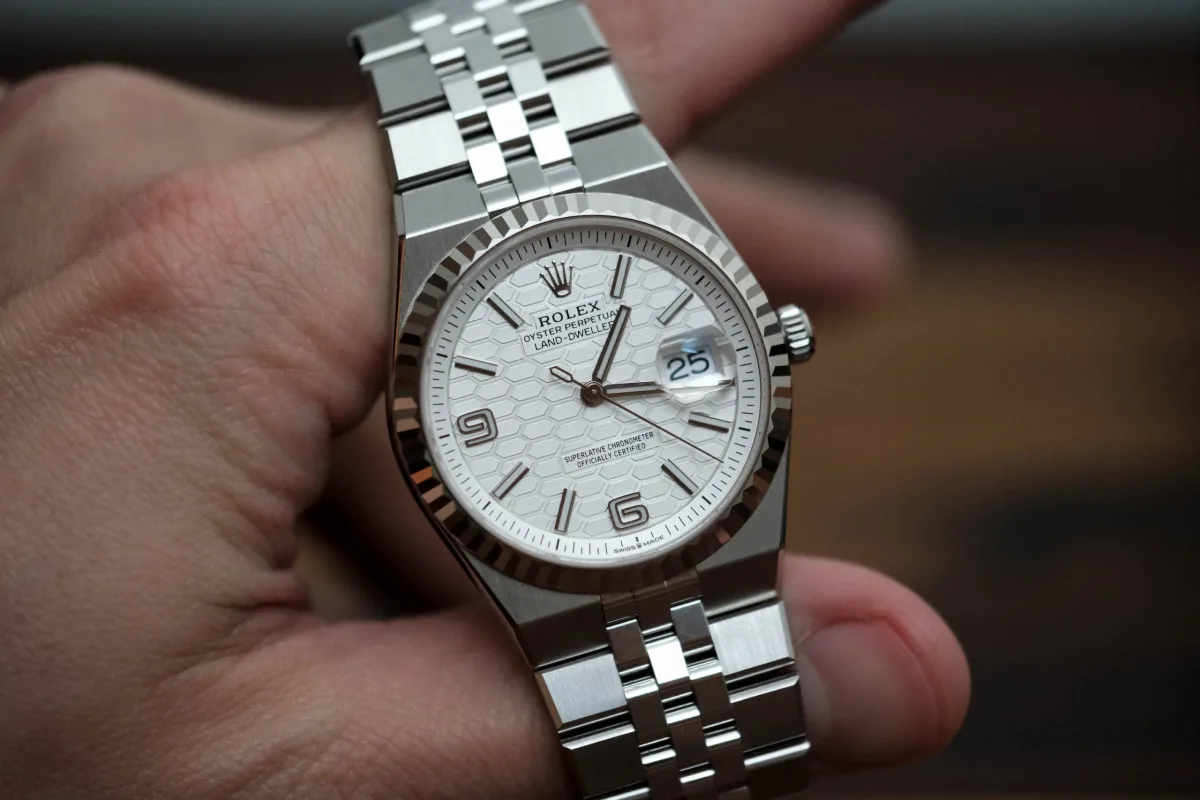 Close-up of the Rolex Land-Dweller 36mm honeycomb dial