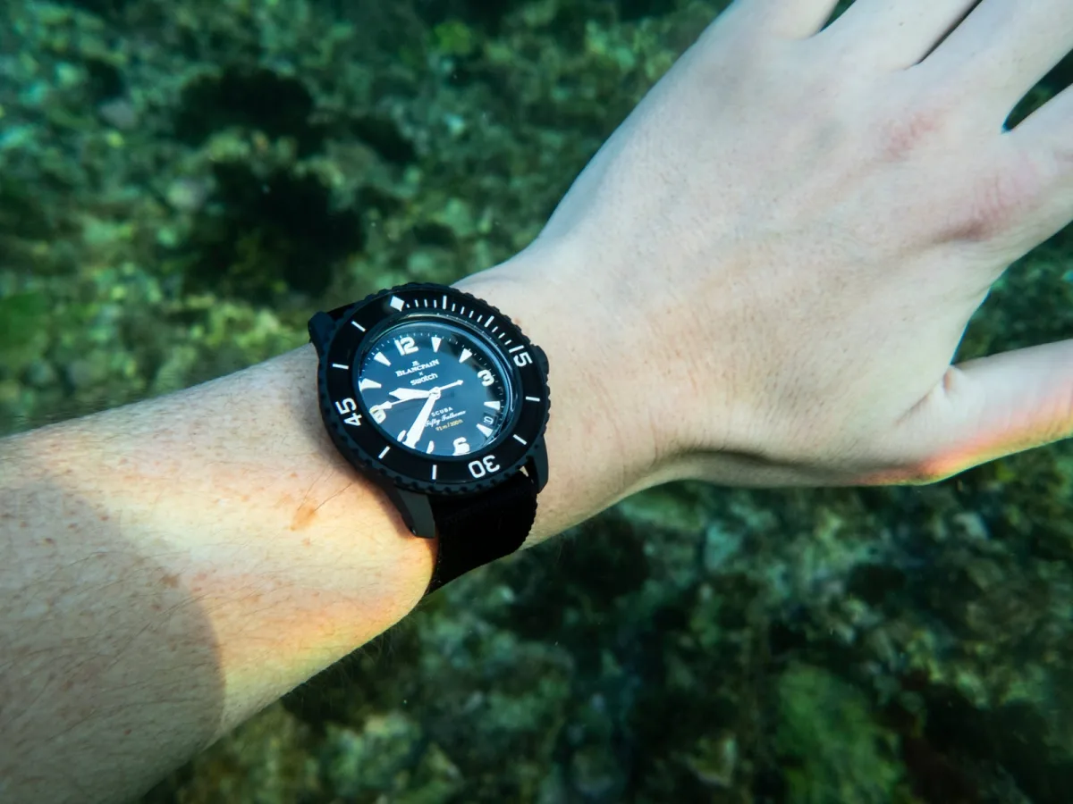 Close-up of Swatch Scuba Fifty Fathoms Ocean of Storms dial