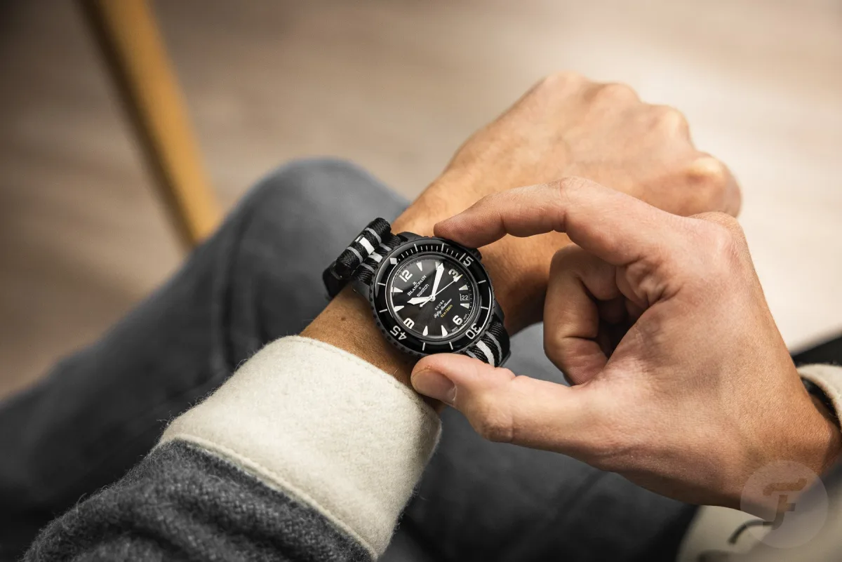 Swatch Scuba Fifty Fathoms Ocean of Storms on wrist